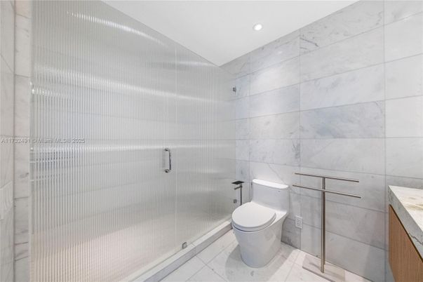 Bathroom, Glass Shower, Interior, Marble, Marble Walls, Recessed Lighting