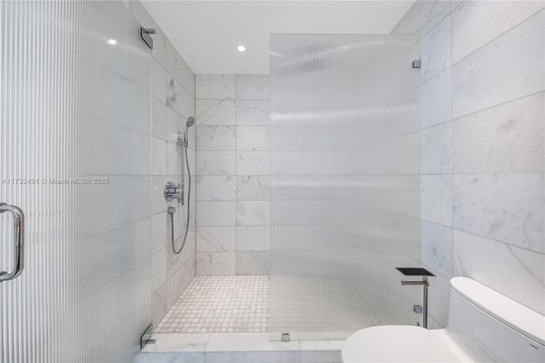 Bathroom, Glass Shower, Interior, Marble Walls, Recessed Lighting