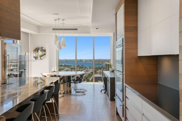 Dining room, Interior, Kitchen, Pendant Lights, Water, Wood Texture Flooring