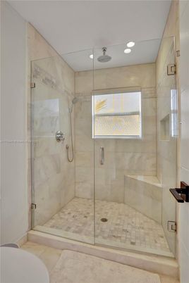 Bathroom, Glass Shower, Interior, Marble Walls, Recessed Lighting