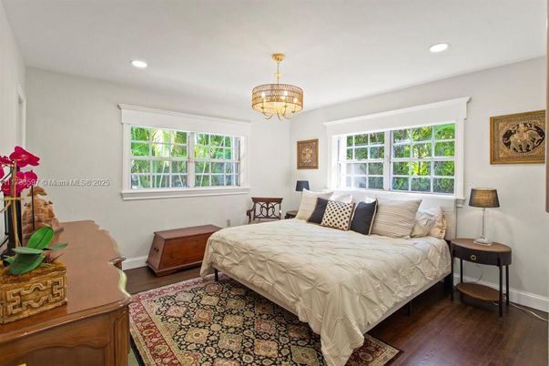 Bedroom, Chandelier, Interior, Recessed Lighting, Wood Texture Flooring