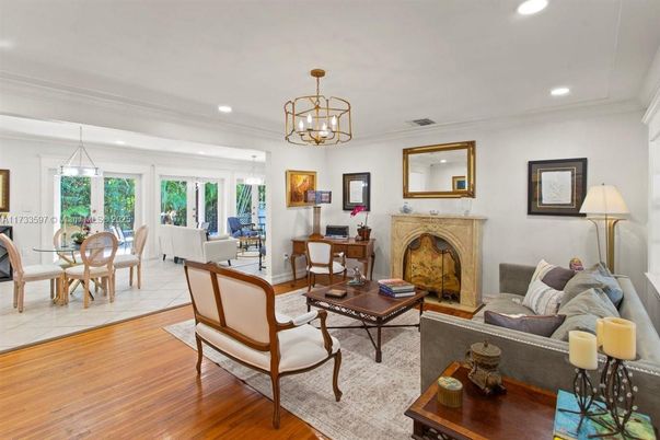 Chandelier, Dining room, Fireplace, Interior, Living room, Recessed Lighting, Wood Texture Flooring