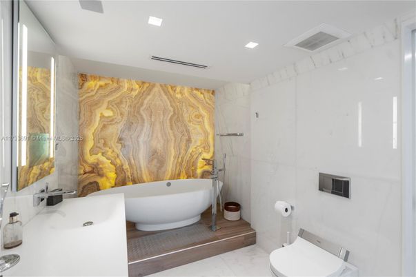 Bathroom, Free Standing Baths, Interior, Marble, Marble Walls, Recessed Lighting