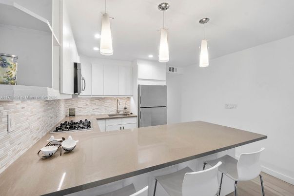 Interior, Kitchen, Pendant Lights, Recessed Lighting, Stone Walls, Wood Texture Flooring