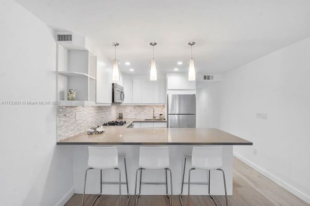 Interior, Kitchen, Pendant Lights, Stainless Steel Appliances, Wood Texture Flooring