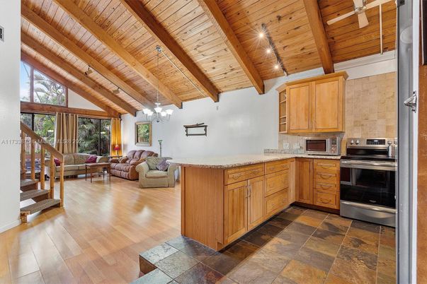 Chandelier, Interior, Kitchen, Living room, Stainless Steel Appliances, Wooden Beams, Wooden Ceilings, Wood Texture Flooring
