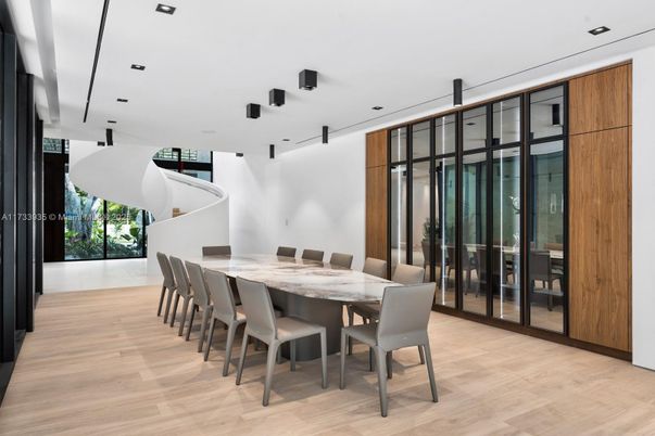 Dining room, Interior, Recessed Lighting, Wood Texture Flooring
