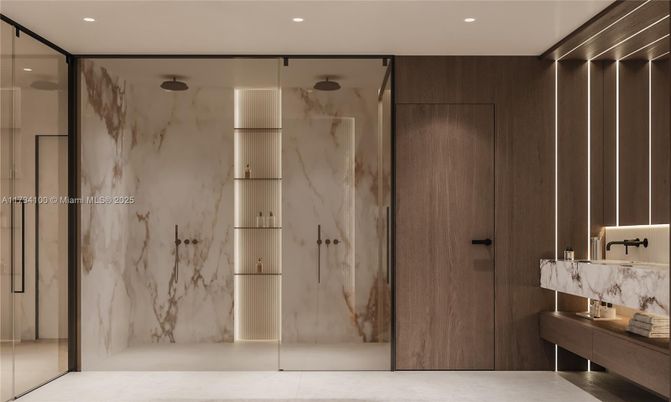 Bathroom, Glass Shower, Interior, Marble Walls, Recessed Lighting