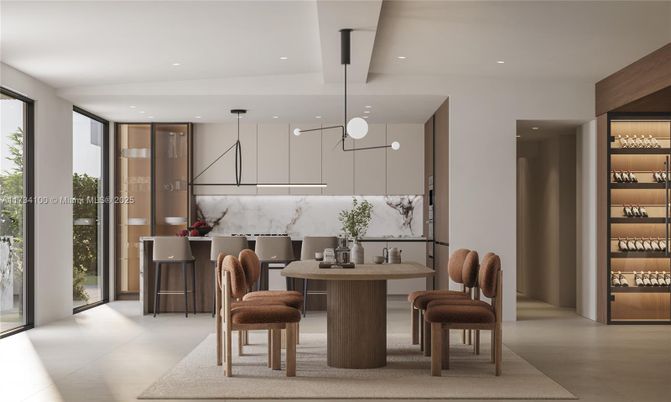 Interior, Kitchen, Marble Walls, Pendant Lights, Recessed Lighting