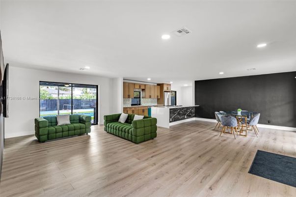 Dining room, Interior, Kitchen, Living room, Recessed Lighting, Wood Texture Flooring