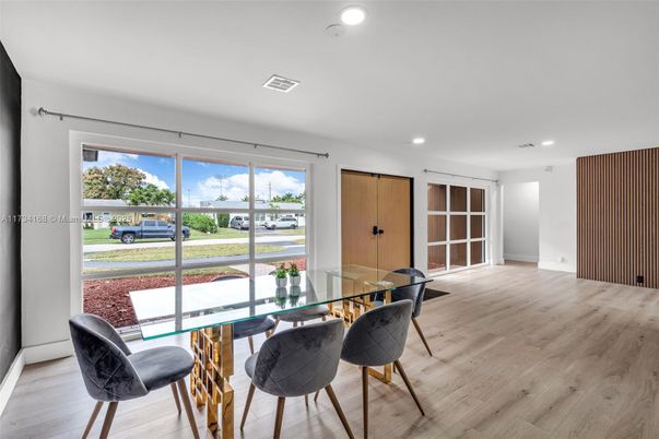 Dining room, Interior, Recessed Lighting, Wood Texture Flooring