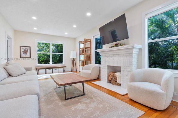 Fireplace, Interior, Living room, Recessed Lighting, Wood Texture Flooring