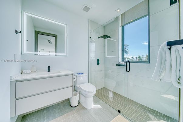 Bathroom, Glass Shower, Interior, Marble Walls, Recessed Lighting