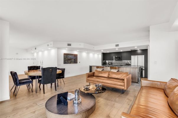 Dining room, Interior, Kitchen, Living room, Recessed Lighting, Stainless Steel Appliances, Wood Texture Flooring