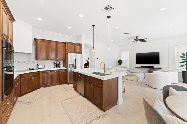 Interior, Kitchen, Living room, Pendant Lights, Recessed Lighting, Stainless Steel Appliances, Wood Texture Flooring