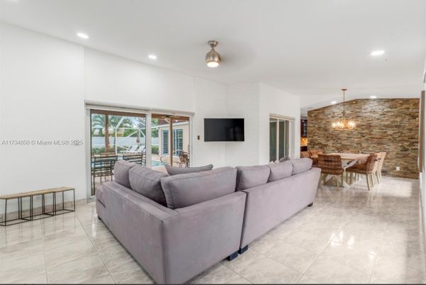 Dining room, Interior, Living room, Pendant Lights, Recessed Lighting, Stone Walls