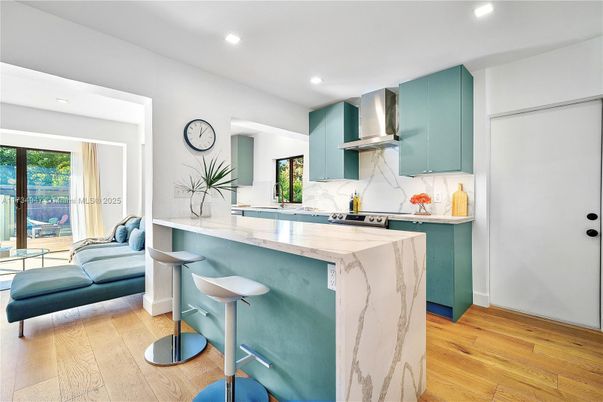 Interior, Kitchen, Marble Walls, Recessed Lighting, Wood Texture Flooring