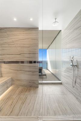 Bathroom, Glass Shower, Interior, Marble, Marble Walls, Recessed Lighting