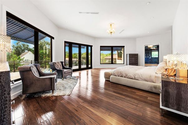 Bedroom, Chandelier, Interior, Recessed Lighting, Wood Texture Flooring