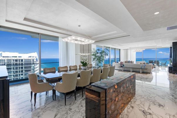 Dining room, Interior, Living room, Marble, Pendant Lights, Recessed Lighting, Water