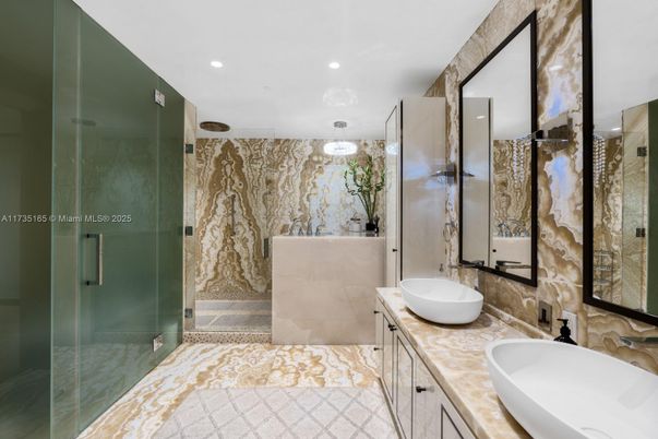 Bathroom, Dual Sink Vanities, Glass Shower, Interior, Pendant Lights, Recessed Lighting