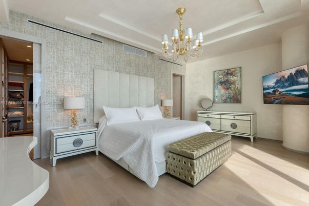 Bedroom, Chandelier, Interior, Recessed Lighting, Wood Texture Flooring