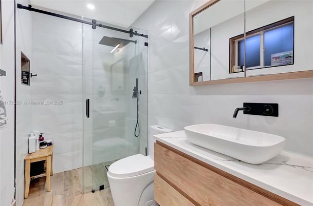 Bathroom, Glass Shower, Interior, Recessed Lighting, Wood Texture Flooring
