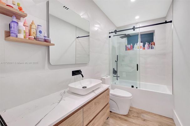 Bathroom, Glass Shower, Interior, Recessed Lighting, Wood Texture Flooring