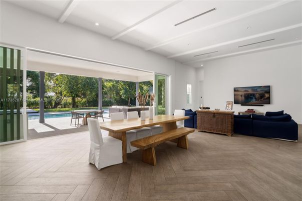 Dining room, Interior, Living room, Recessed Lighting, Wood Texture Flooring