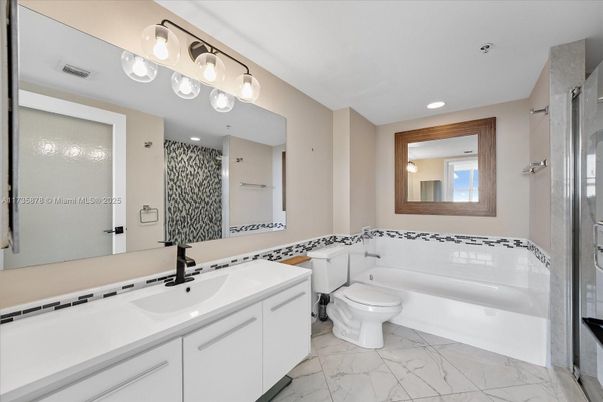 Bathroom, Dual Sink Vanities, Interior, Marble, Recessed Lighting