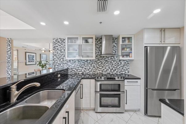 Interior, Kitchen, Marble, Recessed Lighting, Stainless Steel Appliances