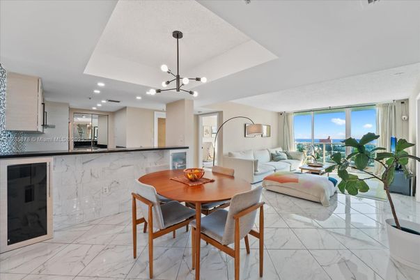 Dining room, Interior, Kitchen, Living room, Marble, Pendant Lights, Recessed Lighting, Stainless Steel Appliances, Water