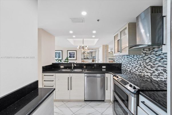 Interior, Kitchen, Marble, Pendant Lights, Recessed Lighting, Stainless Steel Appliances