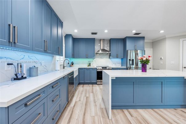 Interior, Kitchen, Recessed Lighting, Stainless Steel Appliances, Wood Texture Flooring