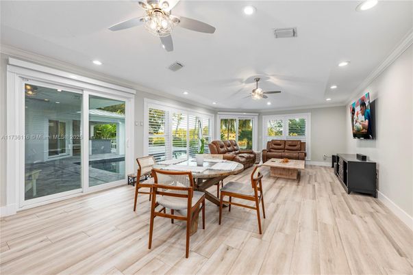 Dining room, Interior, Living room, Recessed Lighting, Wood Texture Flooring
