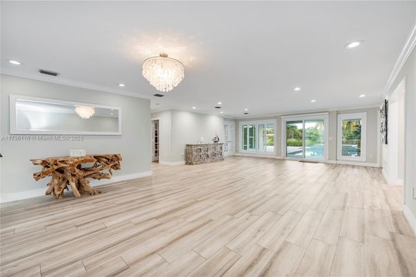 Chandelier, Empty room, Interior, Recessed Lighting, Wood Texture Flooring