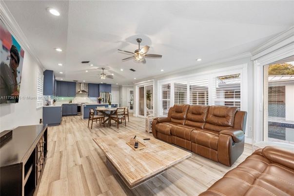 Dining room, Interior, Kitchen, Living room, Recessed Lighting, Wood Texture Flooring