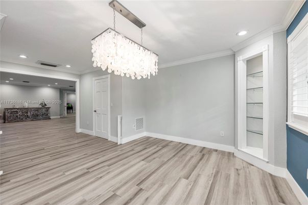 Chandelier, Empty room, Interior, Recessed Lighting, Wood Texture Flooring