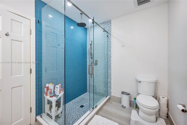 Bathroom, Glass Shower, Interior, Wood Texture Flooring