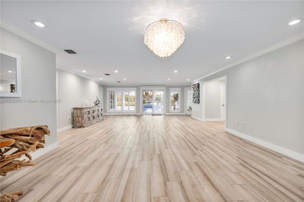 Chandelier, Empty room, Interior, Recessed Lighting, Wood Texture Flooring