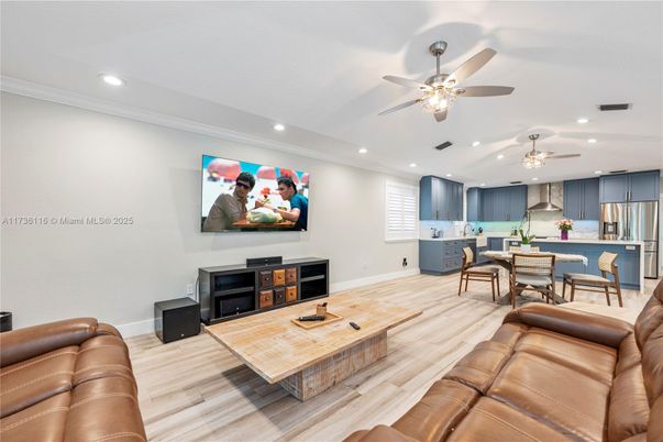 Dining room, Interior, Kitchen, Living room, Recessed Lighting, Stainless Steel Appliances, Wood Texture Flooring