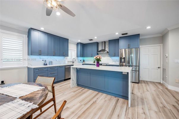 Interior, Kitchen, Recessed Lighting, Stainless Steel Appliances, Wood Texture Flooring