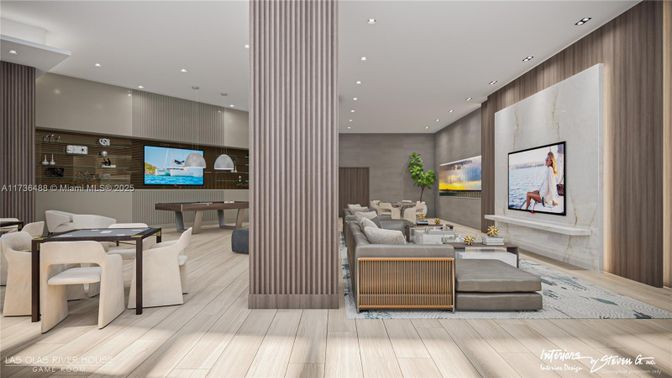 Dining room, Interior, Living room, Recessed Lighting, Wood Texture Flooring