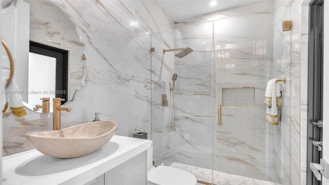 Bathroom, Glass Shower, Interior, Marble Walls, Recessed Lighting