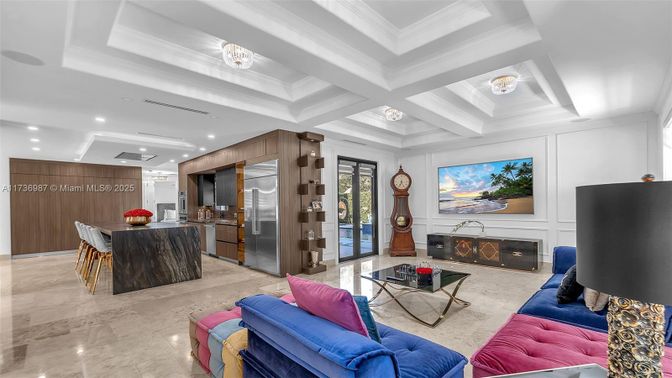Fireplace, Interior, Kitchen, Living room, Recessed Lighting, Stainless Steel Appliances