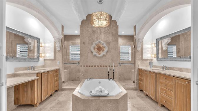 Bathroom, Dual Sink Vanities, Interior, Pendant Lights, Recessed Lighting