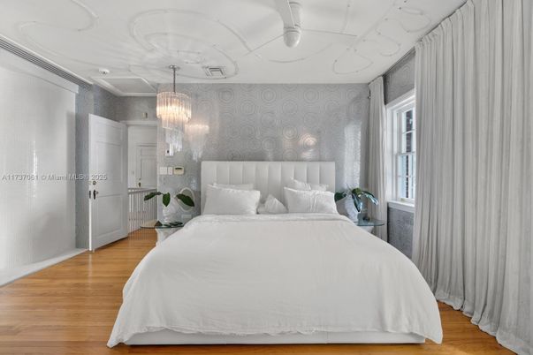 Bedroom, Chandelier, Interior, Wood Texture Flooring