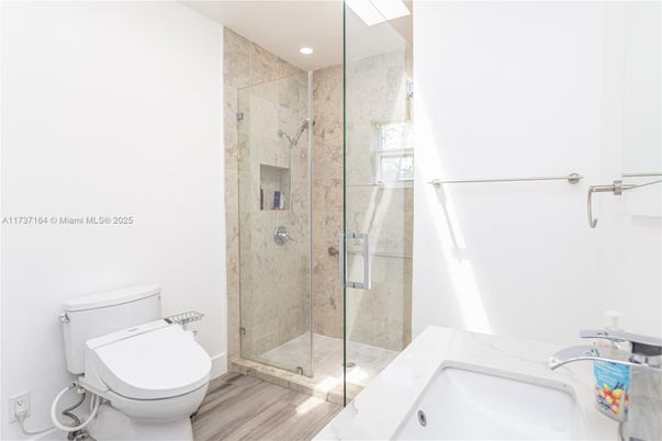 Bathroom, Glass Shower, Interior, Recessed Lighting, Wood Texture Flooring