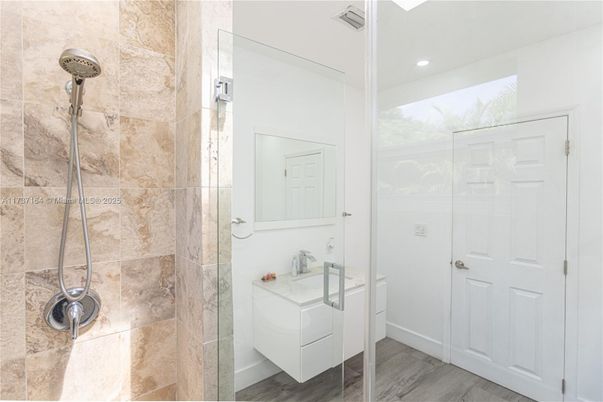 Bathroom, Glass Shower, Interior, Recessed Lighting, Wood Texture Flooring