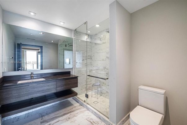 Bathroom, Glass Shower, Interior, Marble, Marble Walls, Recessed Lighting